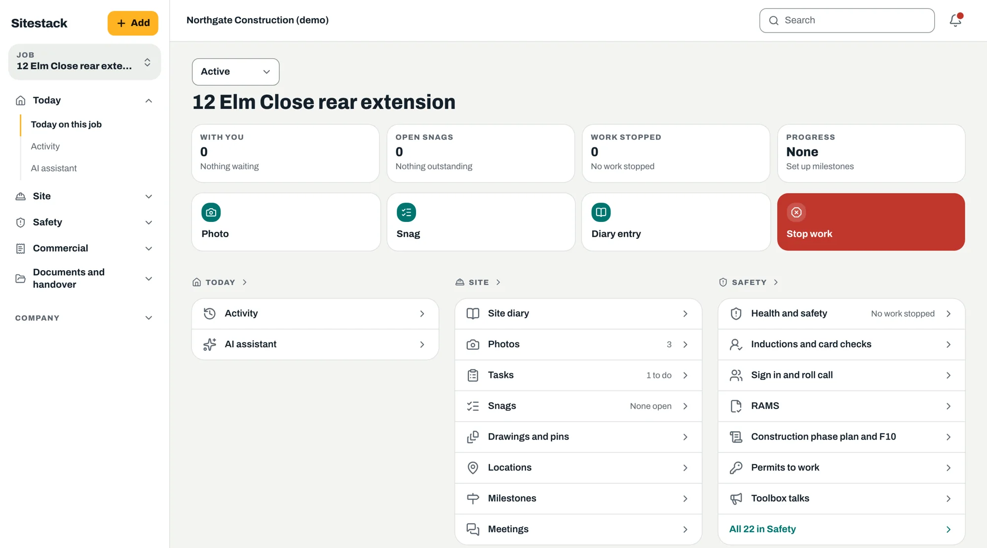 Sitestack job overview on desktop with key figures and the site, safety and today groups