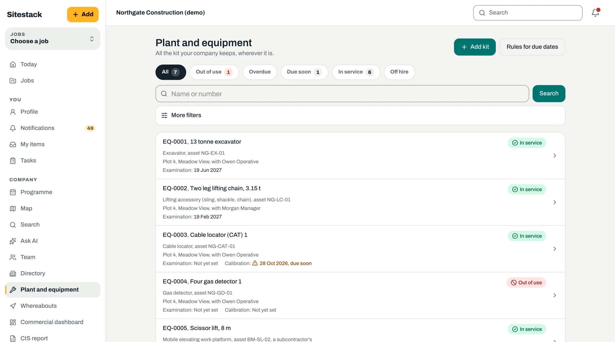 Sitestack plant and equipment register with examination and calibration dates
