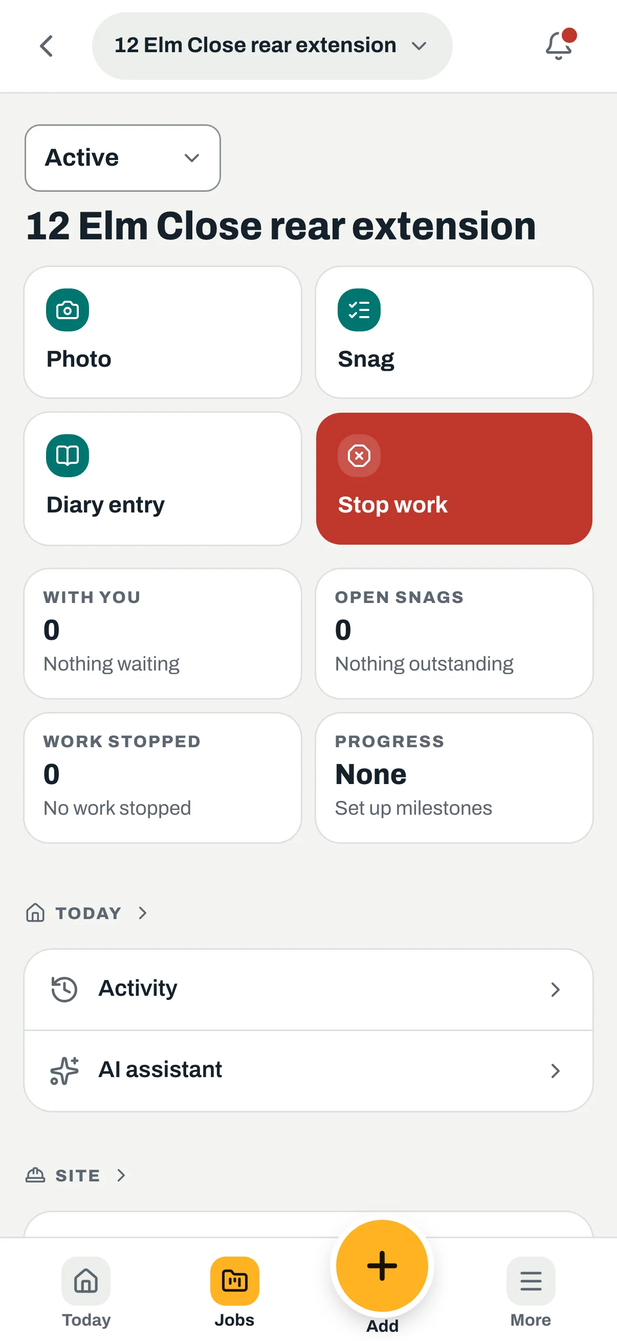 Sitestack job screen with big buttons for photo, snag, diary entry and stop work