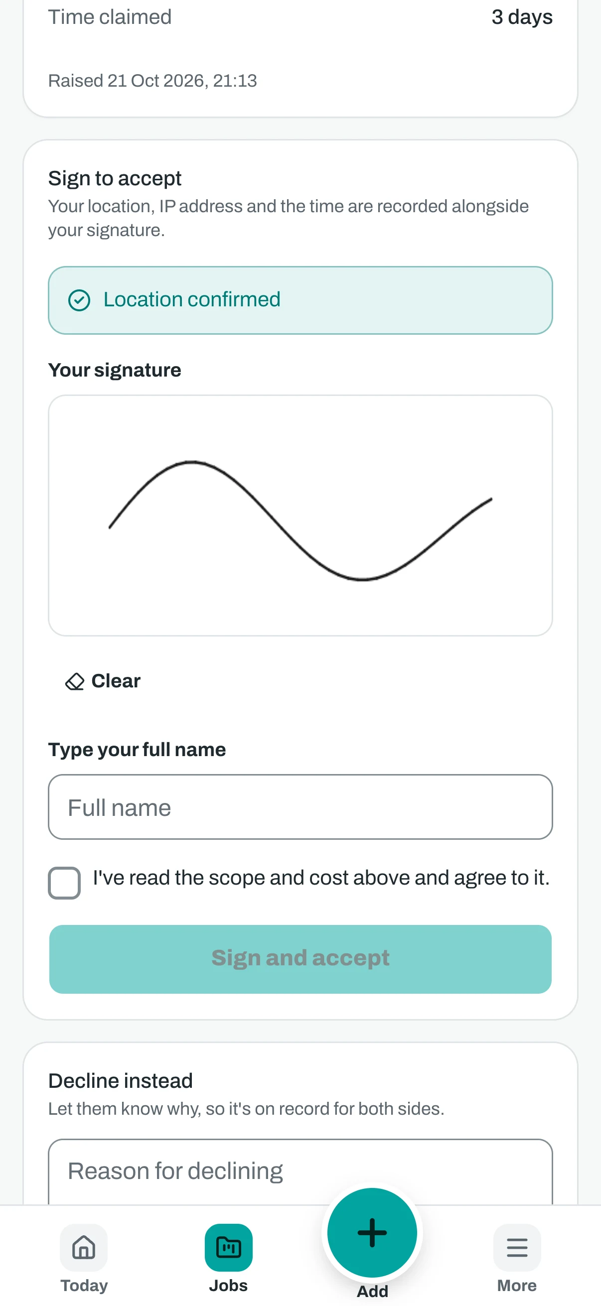 The client's view of the variation on a phone, with the sign to accept panel.